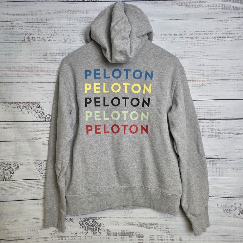 Peloton Womens Small Hoodie Gray Full‎ Zip Up Spellout Logo Athletic Cycling